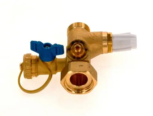 Durchflussbegrenzer aus Messing mit einem blauen Drehgriff und verschiedenen Anschlüssen. Das Produkt stammt von Bosch und ist für die Regelung der Wassermenge konzipiert.
